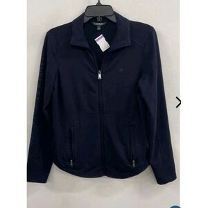 Lauren Ralph Lauren Blue Zip Jacket Womens Large Stretch Cotton Blend Logo Full